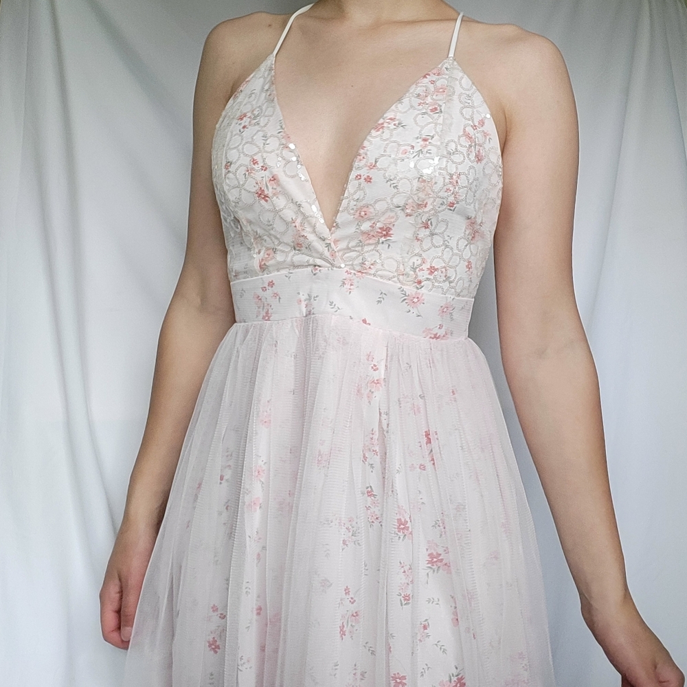 Double Crazy Cute Backless Light Pink Floral Dress With Sequin And Tulle